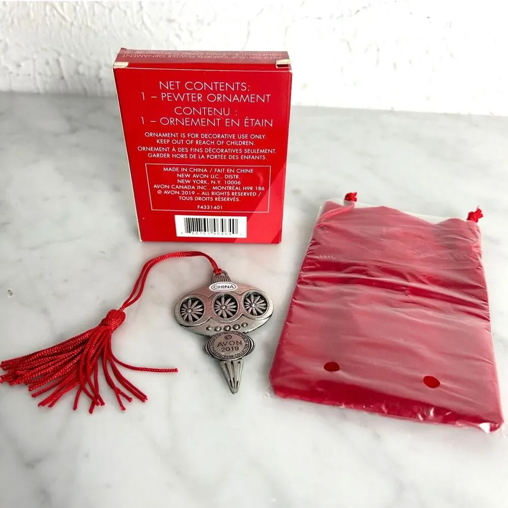 Avon 2019 Vintage Inspired Pewter Christmas Ornament Red Tassel Rhinestones Box